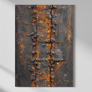 May include: Close-up of a weathered, cylindrical metal structure. The surface is dark gray with extensive cracking and patches of orange rust. The texture is rough and uneven, suggesting age and exposure to the elements. The image evokes an industrial or abstract theme.