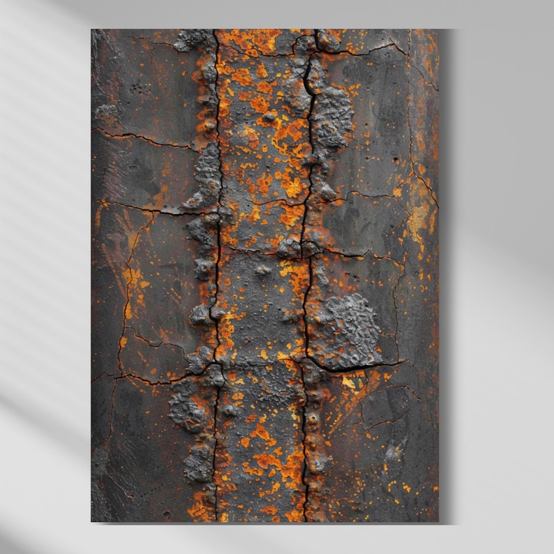 May include: Close-up of a weathered, cylindrical metal structure. The surface is dark gray with extensive cracking and patches of orange rust. The texture is rough and uneven, suggesting age and exposure to the elements. The image evokes an industrial or abstract theme.