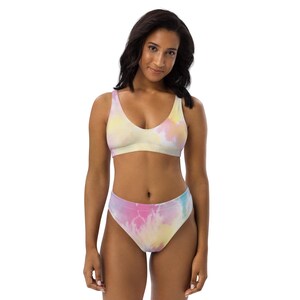 Pastel Tie-Dye High Waisted Bikini Set – Recycled Eco-Friendly Swimwear with Removable Pads