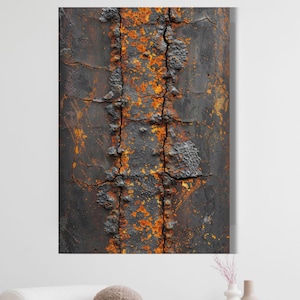 May include: Close-up of a weathered, textured surface with a dark gray base and vibrant orange-rust accents. The surface is marked by deep cracks and raised, irregular formations, creating a rugged, industrial aesthetic.