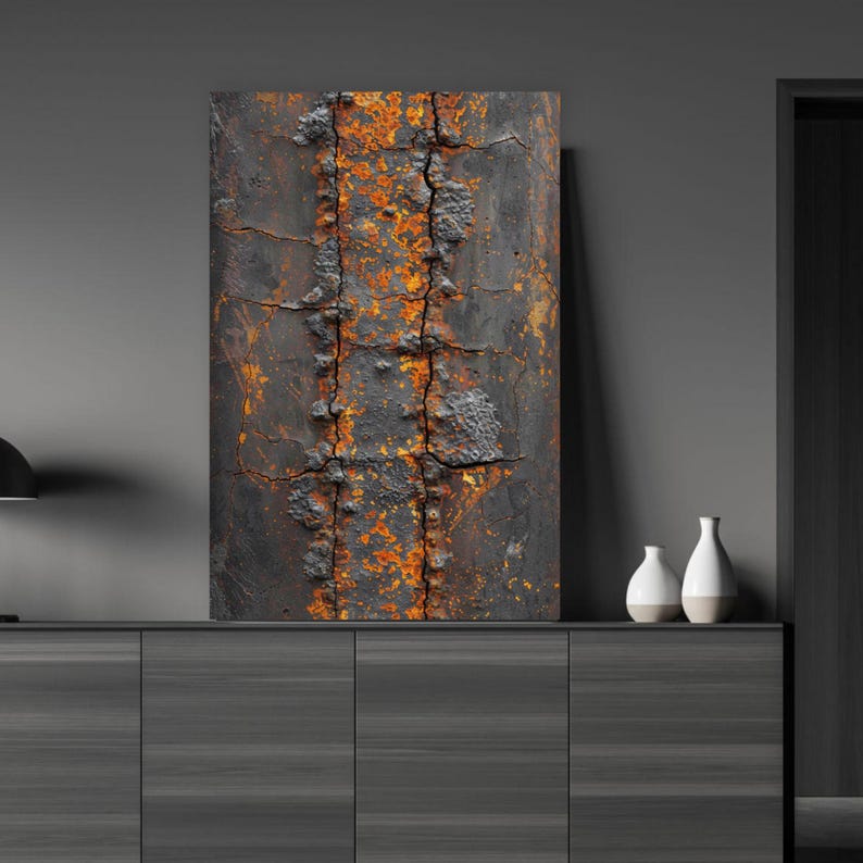 May include: Abstract art print featuring a close-up of a weathered, rusty metal surface. The artwork displays a textured, dark gray background with vertical orange and brown streaks, and visible cracks. The piece is mounted on a dark gray cabinet.
