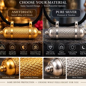 May include: Two cylindrical amulets on black cords, one in gold-toned Ashtdhatu alloy and one in silver. Both feature intricate diamond-patterned textures, rounded end caps, and dual suspension loops. Text includes CHOOSE YOUR MATERIAL.