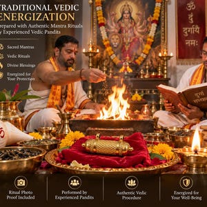 May include: A gold-toned cylindrical metal amulet with an intricate textured pattern, resting on a red velvet cloth inside a brass tray. The scene includes brass bowls, a burning fire, and text reading TRADITIONAL VEDIC ENERGIZATION.