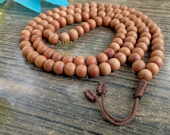 Chandan Tibetan Mala Necklace 8MM | Natural Sandalwood Prayer Beads | 108 Beads Meditation Mala | Spiritual Healing & Calming Necklace.