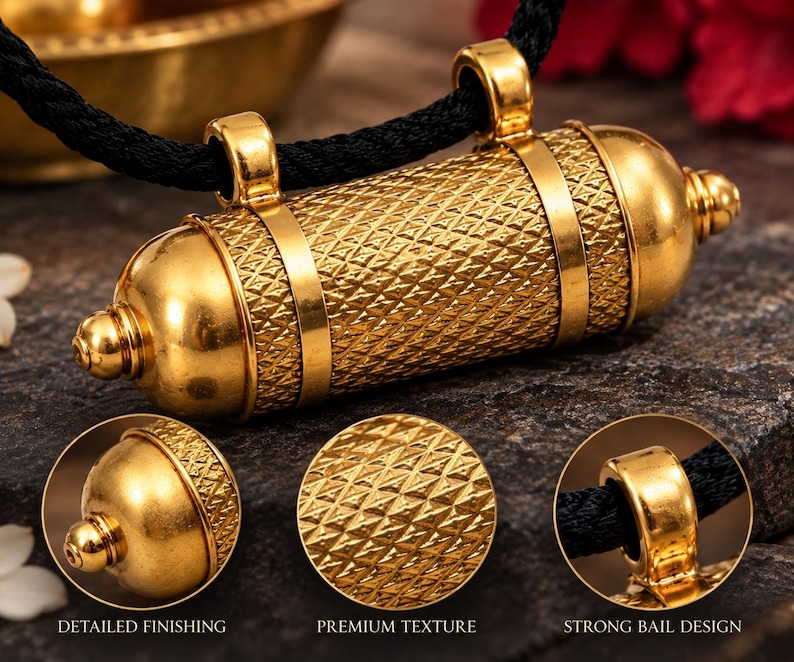 May include: A gold-toned cylindrical pendant featuring a textured diamond pattern, smooth end caps, and two top bails attached to a black cord. The pendant includes three circular insets highlighting detailed finishing, premium texture, and a strong bail design.