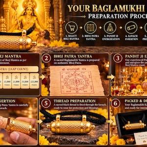May include: A gold-toned cylindrical metal pendant with a textured diamond pattern, suspended on a black cord. The image displays a six-step preparation process for the Baglamukhi Kavach, including mantra selection, yantra preparation, and packaging.