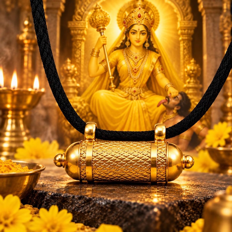 May include: A gold-toned cylindrical pendant featuring a textured diamond-patterned surface and smooth rounded ends, suspended from a thick black cord. The pendant has two vertical loops at the top for the cord to pass through, creating a secure fit.