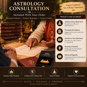 Może przedstawiać: Reklama usługi konsultacji astrologicznej przedstawiająca złoty cylindryczny wisiorek w czarnym pudełku oraz tekst opisujący analizę horoskopu urodzeniowego, spersonalizowane wskaz&oacute;wki i duchowe środki zaradcze dostarczane cyfrowo przez wiadomość Etsy.