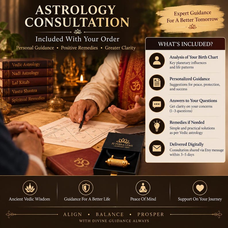 Może przedstawiać: Reklama usługi konsultacji astrologicznej przedstawiająca złoty cylindryczny wisiorek w czarnym pudełku oraz tekst opisujący analizę horoskopu urodzeniowego, spersonalizowane wskaz&oacute;wki i duchowe środki zaradcze dostarczane cyfrowo przez wiadomość Etsy.