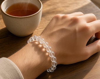 White Quartz Bracelet | Natural Bead Bracelet | Meditation Jewelry | Christmas Gift for Him or Her, Diwali Gift