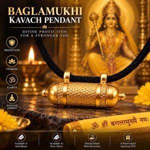 May include: A gold-coloured cylindrical Baglamukhi Kavach pendant with a textured surface, suspended on a black cord. The pendant features two loops for the cord and rounded ends. Text on the image includes Baglamukhi Kavach Pendant and Om Hreem.