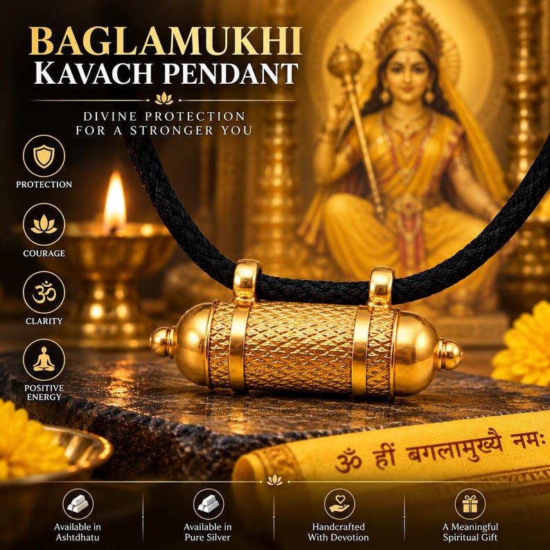 May include: A gold-coloured cylindrical Baglamukhi Kavach pendant with a textured surface, suspended on a black cord. The pendant features two loops for the cord and rounded ends. Text on the image includes Baglamukhi Kavach Pendant and Om Hreem.