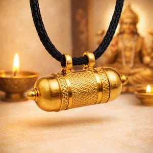 May include: A gold-toned cylindrical pendant featuring a textured diamond-patterned center and smooth rounded ends. The pendant is suspended from a thick black braided cord, showcasing two prominent loops at the top for secure attachment.