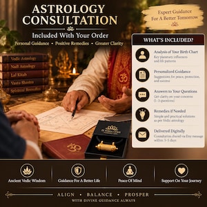 May include: An astrology consultation service advertisement featuring text that reads Astrology Consultation, Expert Guidance For A Better Tomorrow, and What's Included. A gold cylindrical pendant with a textured surface sits in a black box.