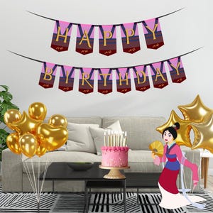 May include: A festive birthday scene with a pink cake, gold balloons, and a banner that reads "HAPPY BIRTHDAY." A cartoon character in a traditional outfit is also present. The scene is set in a living room with a couch and a black and white rug.