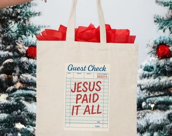Jesus Paid It All Guest Check Canvas Tote Bag; Bible Verse Trendy Scripture Christian Merch Faith Based Gift