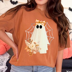 Halloween Lace Ghost T Shirt | Spooky Coquette T-Shirt | Girly Ghost | Orange Bow T Shirt | Comfort Colors Tee | Spooky Season | Summerween