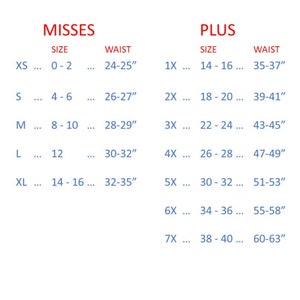 Pu&ograve; includere: Un grafico che mostra le taglie di abbigliamento per donne e le misure di vita corrispondenti in pollici. Il grafico &egrave; diviso in due sezioni: Misses e Plus. La sezione Misses elenca le taglie XS a XL, con misure di vita corrispondenti da 24-25 pollici a 32-35 pollici. La sezione Plus elenca le taglie 1X a 7X, con misure di vita corrispondenti da 35-37 pollici a 60-63 pollici.
