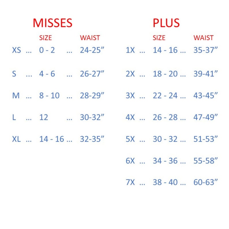 Pu&ograve; includere: Un grafico che mostra le taglie di abbigliamento per donne e le misure di vita corrispondenti in pollici. Il grafico &egrave; diviso in due sezioni: Misses e Plus. La sezione Misses elenca le taglie XS a XL, con misure di vita corrispondenti da 24-25 pollici a 32-35 pollici. La sezione Plus elenca le taglie 1X a 7X, con misure di vita corrispondenti da 35-37 pollici a 60-63 pollici.