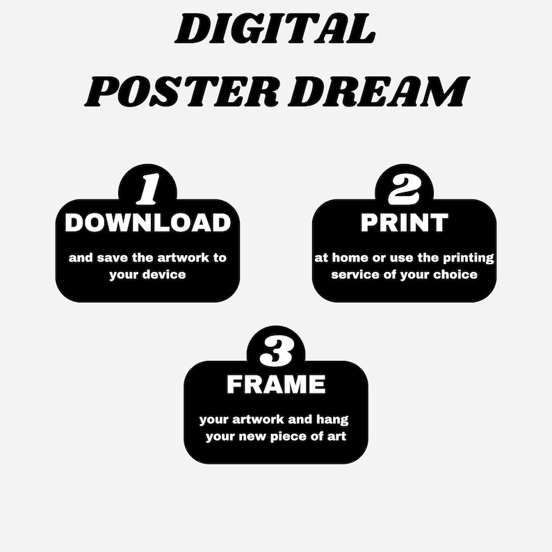 May include: Black and white illustration of three steps for creating a digital poster: download, print, and frame. The steps are numbered 1, 2, and 3.