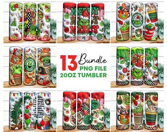 May include: A collection of 13 PNG file 20oz tumblers with various Christmas and Halloween-themed designs. The designs include the Grinch, Christmas trees, ornaments, and other holiday elements. The tumblers are cylindrical and feature vibrant colors.