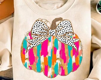 Colorful Pumpkin PNG, Gold Glitter Bow, Fall Design (Digital Download)