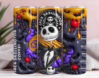 May include: A stainless steel tumbler featuring a design of Jack Skellington from The Nightmare Before Christmas. The tumbler has a black background with yellow drips, purple accents, and the text "Jack Skellington Coffee".