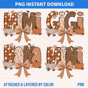 Può includere: Quattro design digitali che presentano le parole "Mimi", "Gigi", "Nana" e "Mini" in uno stile patchwork con motivi e colori autunnali. Ogni design include un fiocco e due zucche.