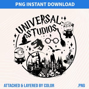 May include: Black and white graphic featuring the words "UNIVERSAL STUDIOS" with iconic imagery. Includes a witch hat, dinosaur, glasses, broom, Minions, Hogwarts castle, and Spider-Man. Text at the top says "PNG INSTANT DOWNLOAD" and at the bottom "ATTACHED & LAYERED BY COLOR .PNG".