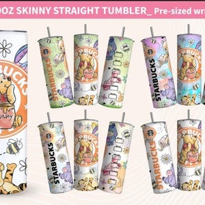 Bundle gobelet Winnie l'ourson PNG, gobelet 20 oz dessin animé, emballage de gobelet Winnie l'ourson printanier, gobelet skinny 20 oz, gobelet pailleté, gobelet à café
