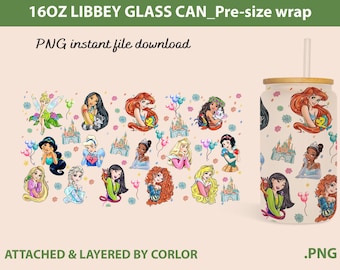 Princess Glass Can Wrap: 16oz Libbey, PNG File (Digital Download)