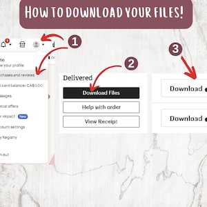 May include: A step-by-step guide with the text "HOW TO DOWNLOAD YOUR FILES!" shows how to download files after purchase. The guide uses arrows to point to the profile, "Download Files" button, and "Download" buttons with a cloud icon.