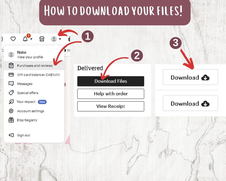 May include: A step-by-step guide with the text "HOW TO DOWNLOAD YOUR FILES!" shows how to download files after purchase. The guide uses arrows to point to the profile, "Download Files" button, and "Download" buttons with a cloud icon.