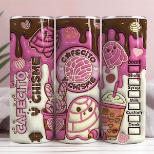 May include: A white tumbler with a pink and brown design featuring the words "Cafecito Chisme". The design includes illustrations of conchas, hearts, and coffee cups. The tumbler also has a drink customization chart.