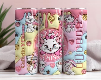 May include: A pink, blue, and yellow tumbler featuring the text "Cafecito Y Chisme" and a cartoon cat design. The tumbler has a pink lid and a colorful background with hearts, stars, and coffee-themed graphics.
