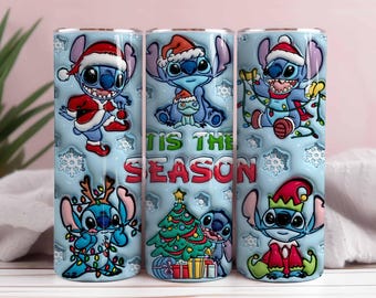 3D Cartoon Christmas Tumbler Wrap, Stitch PNG (Digital Download)