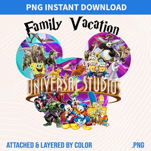 Może przedstawiać: Grafika cyfrowa z tekstem "PNG INSTANT DOWNLOAD" i "Family Vacation". Projekt zawiera różne postacie z kreskówek z Universal Studios, w tym dinozaury, SpongeBoba i superbohaterów Marvela. Słowa "UNIVERSAL STUDIOS" są wyraźnie widoczne.