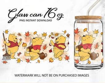 Fall Bear Can Glass Wrap, Autumn Leaves PNG (Digital Download)