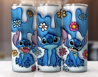 Cartoon Stitch Floral 20oz Tumbler Wrap: 3D Inflated Design (PNG Digital Download)