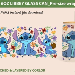 Emballage de verre de boîte de conserve Stitch, Verre de canette de 16 oz, Verre de canette Libbey, Emballage de verre de canette Stitch, Emballage de verre de dessin animé, Emballage de verre complet, Téléchargement immédiat de png