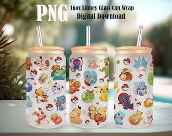 Gotta catch ‘em all 16oz Glass Can Wrap, Poke Glass Can Wrap, Cartoon Libbey Can Glass 16oz PNG Digital Download