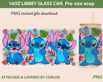 Envoltorio para vaso de Stitch: lata de vidrio Libbey de 16 oz (descarga digital PNG)