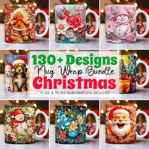 130 Cute Christmas Mug Wrap Bundle, Mug Wrap Sublimation Designs PNG, 11oz and 15oz Mug Template, 3D Christmas Mug Wrap