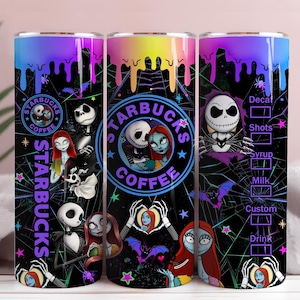 May include: A Halloween-themed tumbler featuring characters from The Nightmare Before Christmas. The design includes Jack Skellington, Sally, and the Starbucks Coffee logo, with a black background and colorful accents.