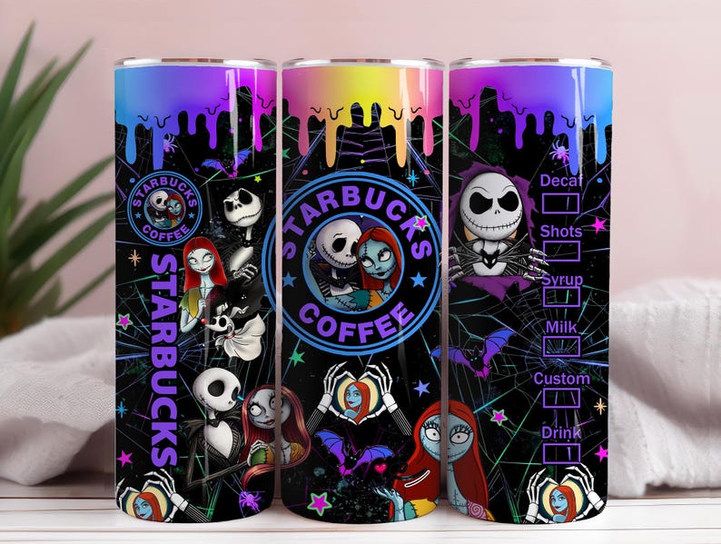 May include: A Halloween-themed tumbler featuring characters from The Nightmare Before Christmas. The design includes Jack Skellington, Sally, and the Starbucks Coffee logo, with a black background and colorful accents.