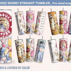 Bundle gobelet Winnie l'ourson PNG, gobelet 20 oz dessin animé, emballage de gobelet Winnie l'ourson printanier, gobelet skinny 20 oz, gobelet pailleté, gobelet à café