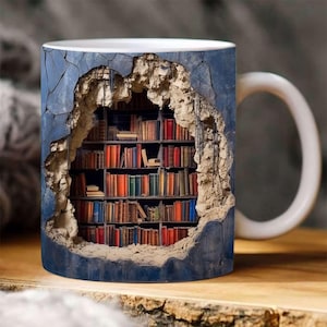 3D Bookshelf Mug Sublimation Design: Book Lover Coffee Mug (PNG Digital Download)