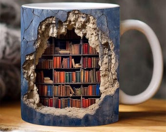 Sublimeringsdesign för 3D-bokhyllemugg: Bokälskareskaffemugg (digital nedladdning i PNG)