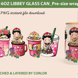 Op de afbeelding: Een verzameling van 16oz Libbey glazen can wraps met Frida Kahlo-geïnspireerde ontwerpen. Elke wrap toont een kleurrijke illustratie met bloemaccenten en de tekst "True Love". De ontwerpen bevatten een gitaar, aap en andere decoratieve elementen.