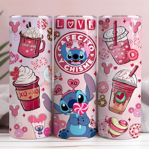 Cartoons Valentine Coffee Tumbler PNG, Stitch Kaffee Latte, Valentine PNG, Kaffee und Chisme 20 Unzen Skinny Straight, Stitch Love, Geschenk für sie